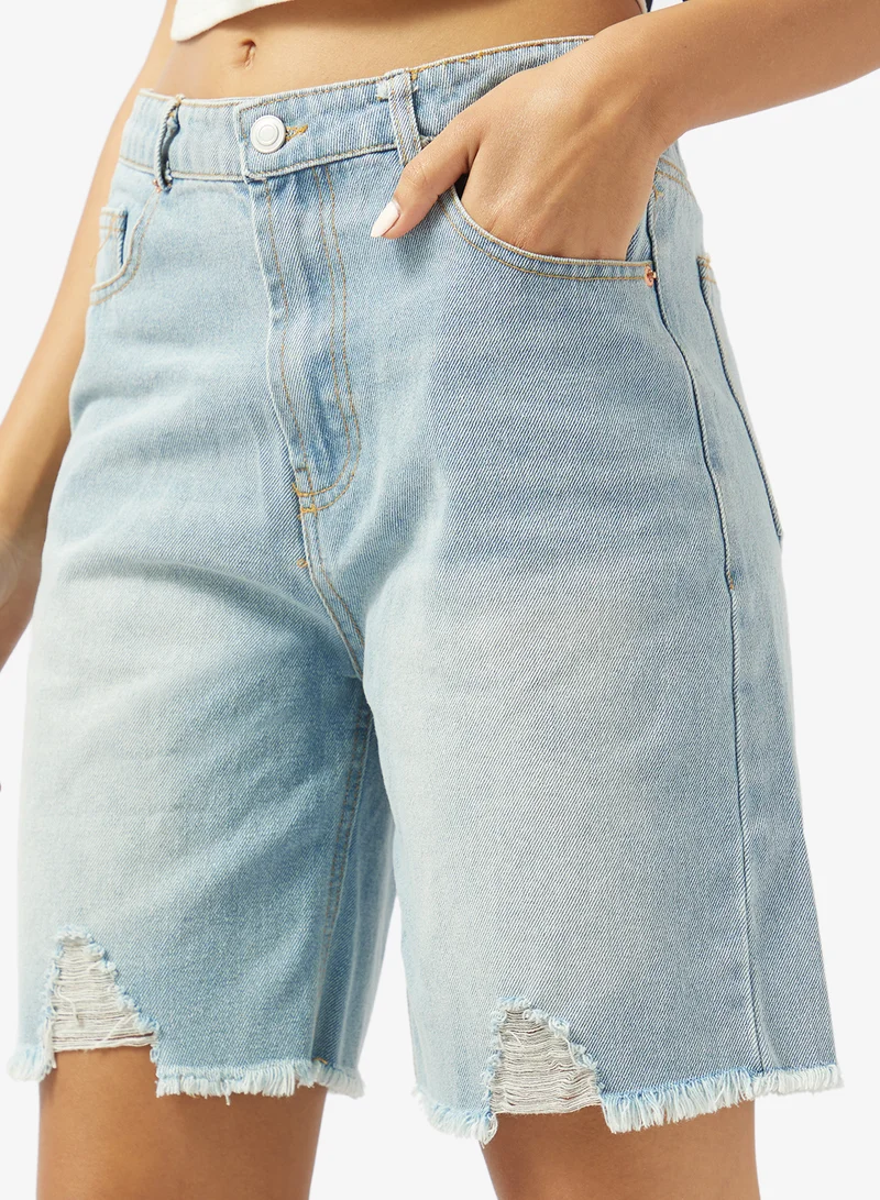 Ginger  Mid Rise Bermuda Shorts with Frayed Hem for Women | Best Price UAE